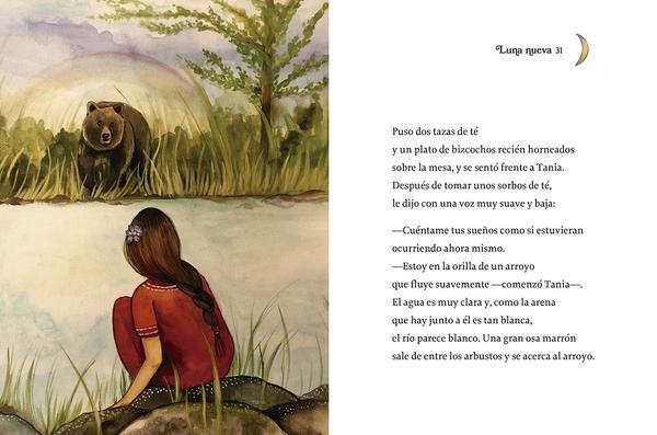 Niña a la orilla de un río blanco, la niña observa como se acerca un oso al otro lado del río.