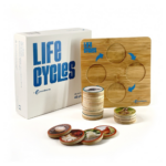 caja de juego el ciclo de la vid, tablero de madera y dos torres de fichas